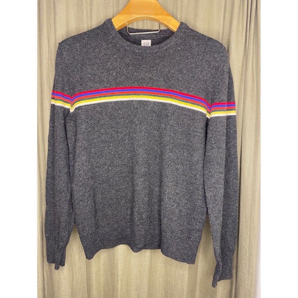 GAP Men's Gray Crew Neck‎ Sweater Rainbow Stripe Long Sleeve Size L